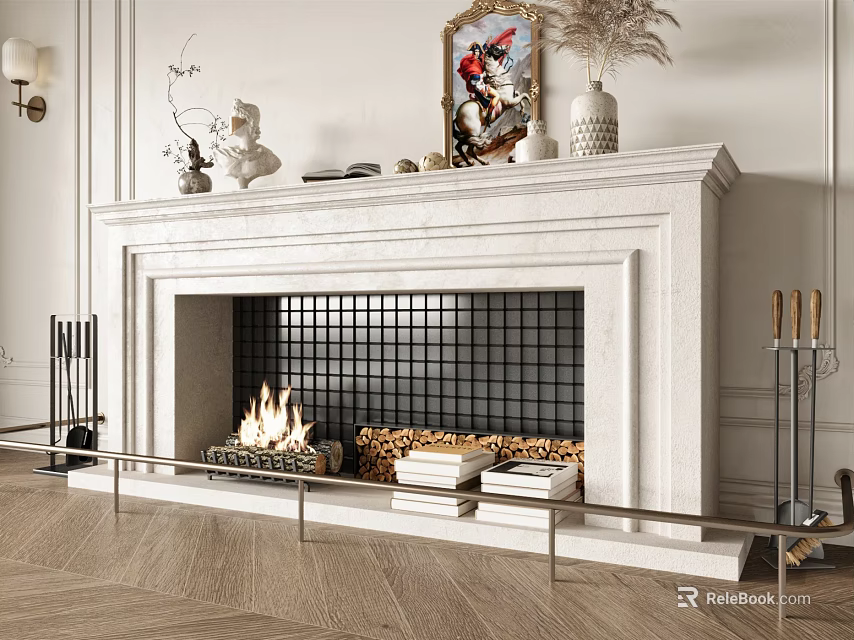 Elegant White Marble Fireplace With Burning Fire Artwork Vases And Stacked Books 3d model 
