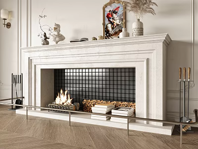 Elegant White Marble Fireplace With Burning Fire Artwork Vases And Stacked Books 3d model