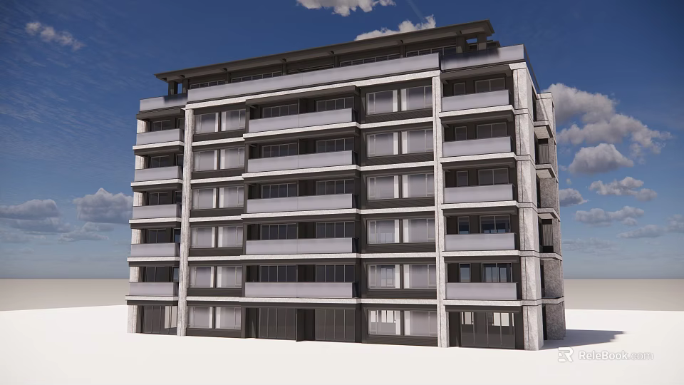 Modern Multistory Apartment Building With Gray Exterior And Balconies Under Blue Sky 3d model 