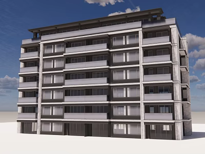 Modern Multistory Apartment Building With Gray Exterior And Balconies Under Blue Sky 3d model