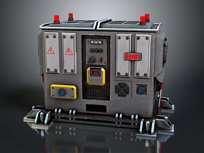 Industrial Computer Control Unit With Red Warning Indicators And Yellow Interface Panel 3d model