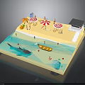 Scenic Sandy Beach With Ocean Water Colorful Umbrellas Small Boat And Lifeguard Stand