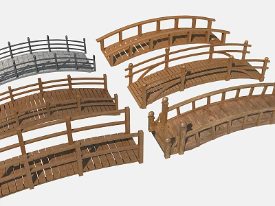 Various Wooden Garden Bridges With Different Railing Styles And Shapes 3d model