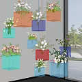 Colorful Transparent Cube Vases Hanging And Filled With Fresh Flowers For Decor