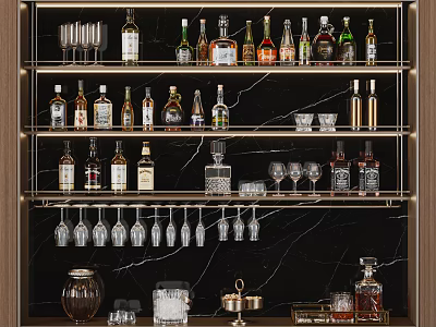 Stylish Modern Wine Rack With Marble Countertop Multiple Bottles And Hanging Glasses 3d model