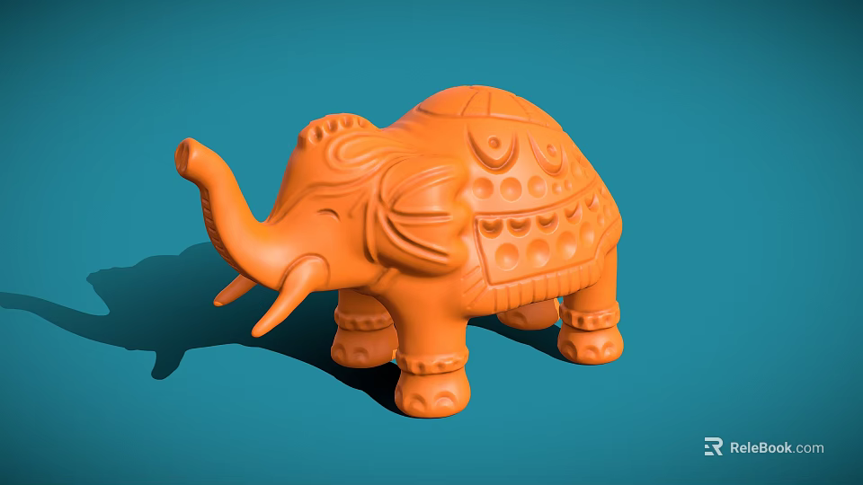 Orange Elephant Sculpture With Intricate Carved Patterns On Blue Background 3d model 