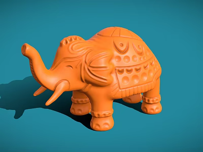Orange Elephant Sculpture With Intricate Carved Patterns On Blue Background 3d model