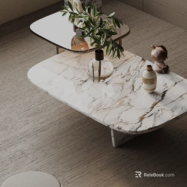 Modern Sofa And Coffee Table Set With Marble Top Decorative Plants And Carpet 3d model 