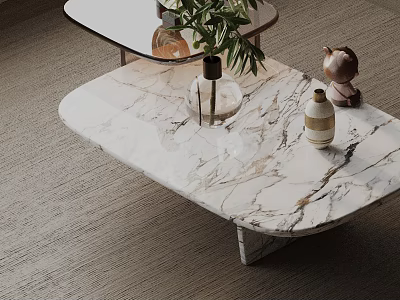 Modern Sofa And Coffee Table Set With Marble Top Decorative Plants And Carpet 3d model
