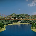 Red Suspension Bridge With White Towers Over Blue River By Green Forest