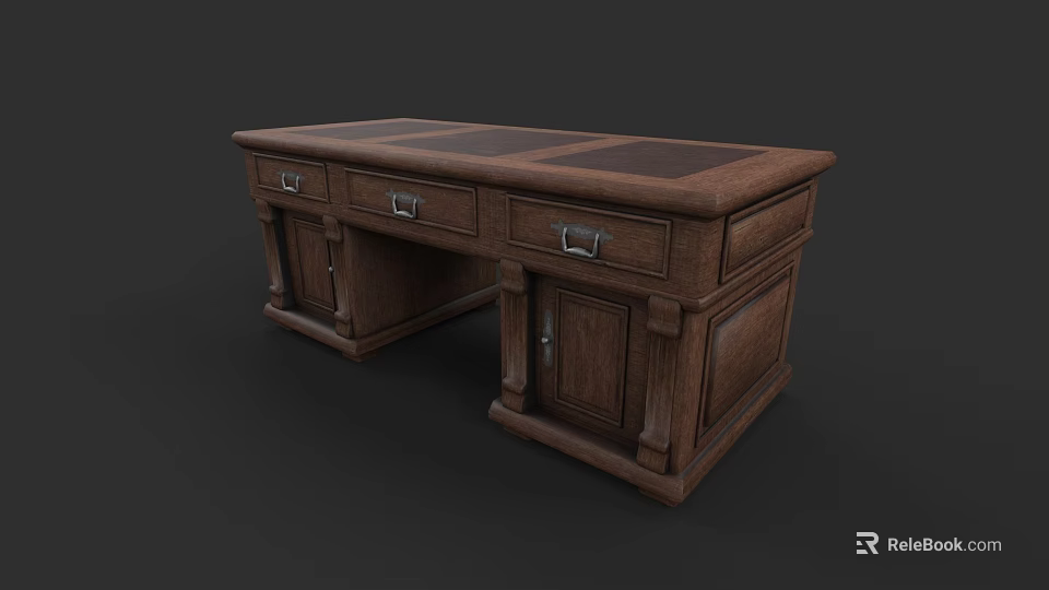 Classic Brown Wooden Office Desk With Leather Top Drawers And Cabinets 3d model 