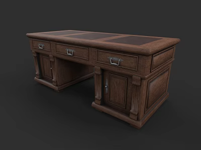 Classic Brown Wooden Office Desk With Leather Top Drawers And Cabinets 3d model