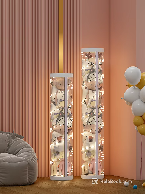 Transparent Storage Baskets Filled With Stuffed Toys Decorated With String Lights And Balloons Pink Wall 3d model 