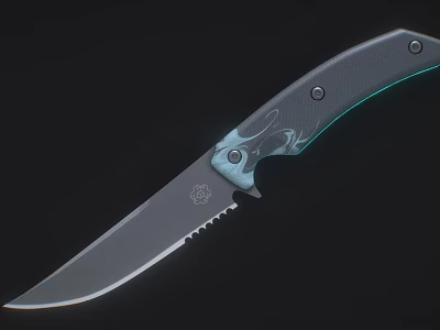 Modern Tactical Knife With Gray Handle Green Accents Flame Pattern Serrated Edge Blade 3d model