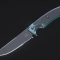 Modern Tactical Knife With Gray Handle Green Accents Flame Pattern Serrated Edge Blade 3d model