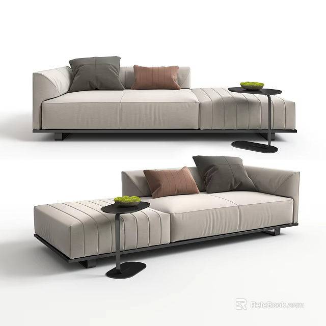 Modern Beige Chaise Lounge With Fabric Upholstery Accent Pillows And Side Table Decor 3d model 