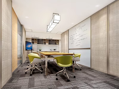 Modern Conference Room Interior Design With Wooden Table Green Chairs And Whiteboard 3d model