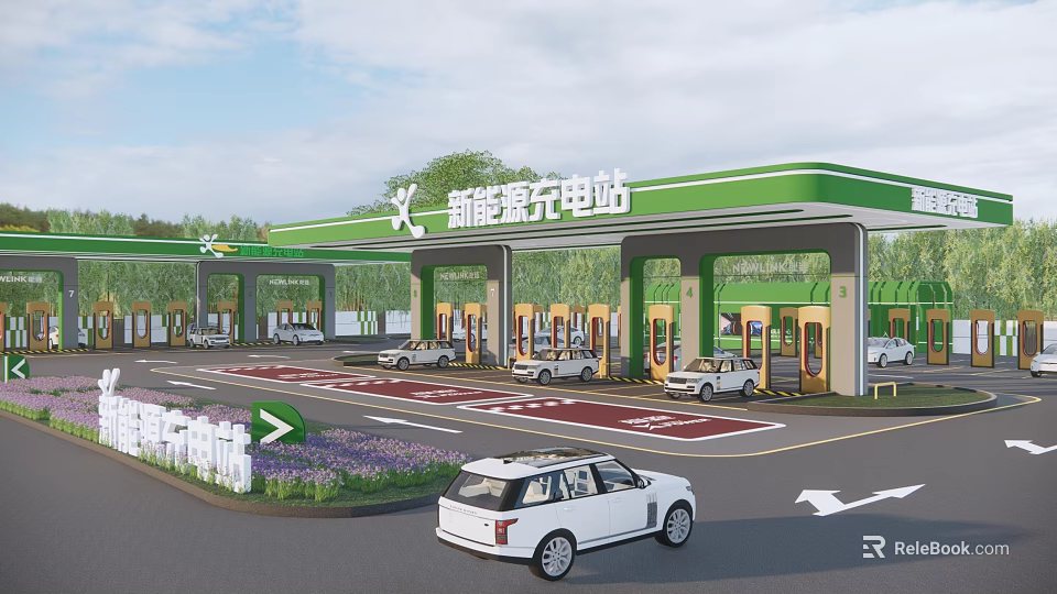 Modern New Energy Charging Station Parking Lot With Electric Vehicles And Green Landscaping 3d model 