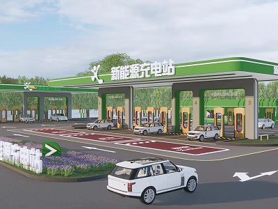 Modern New Energy Charging Station Parking Lot With Electric Vehicles And Green Landscaping 3d model