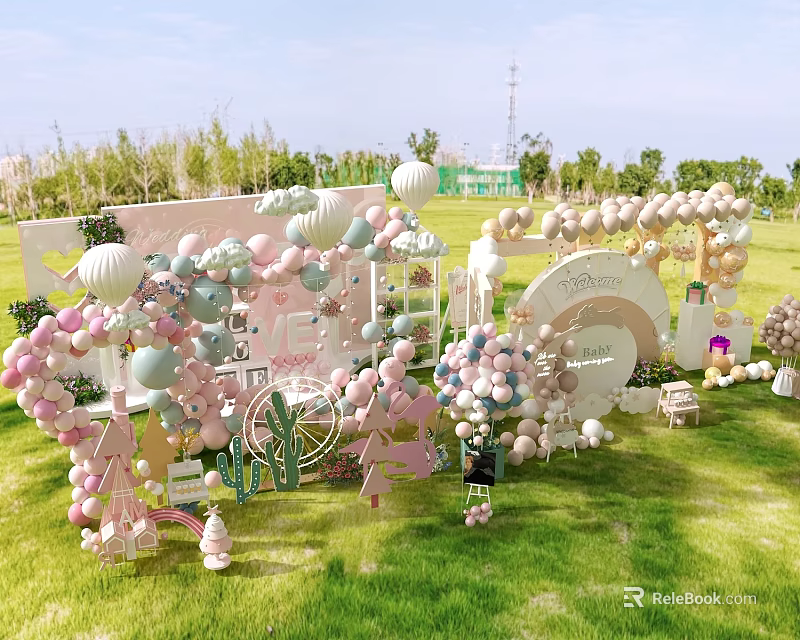 Exhibition Booth Decorations With Pastel Balloons And Ornaments On Green Lawn Setup 3d model 