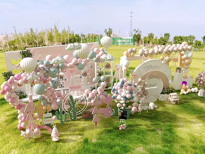 Exhibition Booth Decorations With Pastel Balloons And Ornaments On Green Lawn Setup 3d model
