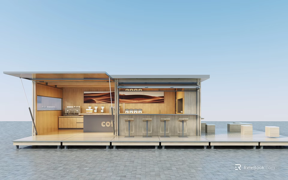 Modern Commercial Street Kiosk Featuring Wooden Structure Bar Counter Stools Display Window And Brand Signage 3d model 