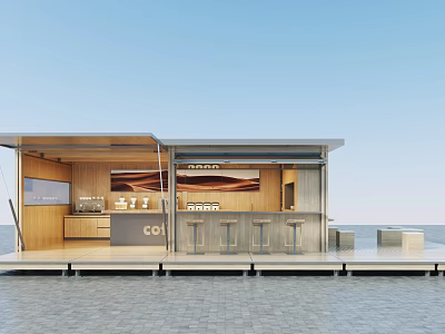 Modern Commercial Street Kiosk Featuring Wooden Structure Bar Counter Stools Display Window And Brand Signage 3d model