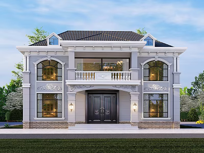 European Style Detached Villa With Gray Exterior Black Roof Arched Windows Double Doors And Balcony 3d model