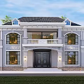 European Style Detached Villa With Gray Exterior Black Roof Arched Windows Double Doors And Balcony