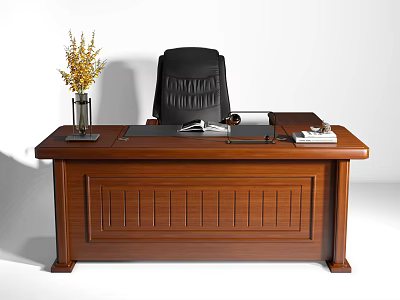 Classic Wooden Office Desk With Black Chair Vase Yellow Flowers Documents And Notebook 3d model
