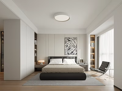 Modern Bedroom Interior Design With King Size Bed Nightstands Armchair Artwork And Area Rug 3d model