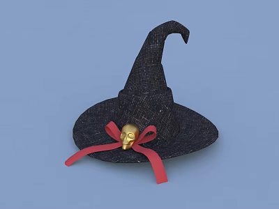 Black Witch Hat With Curved Pointed Top And Red Ribbon Gold Skull Decoration 3d model