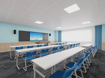 Modern Classroom Interior With Light Blue Walls White Tables And Blue Chairs 3d model