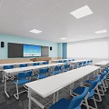 Modern Classroom Interior With Light Blue Walls White Tables And Blue Chairs