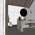 Minimalist Bathroom Concrete Washbasin With Round Mirror Wooden Ceiling And Cactus Towels