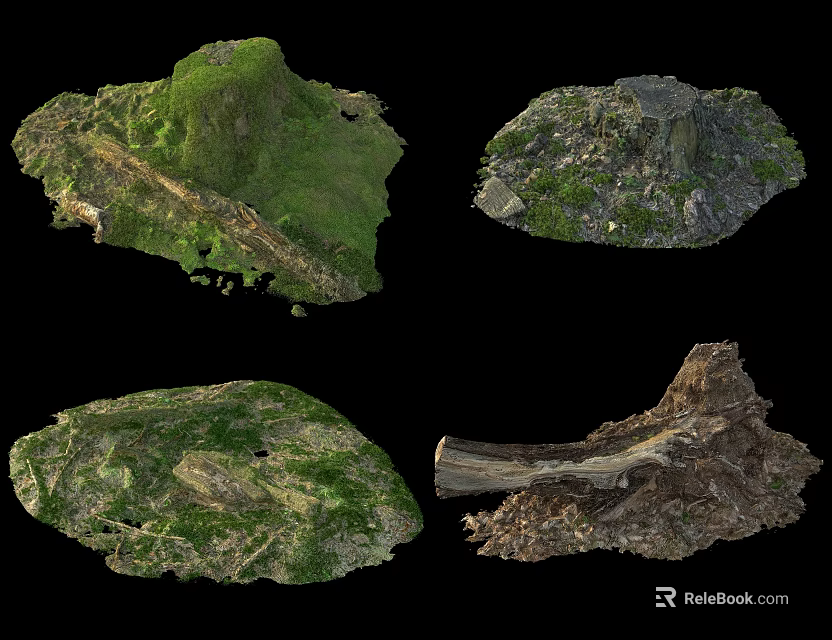 Natural Stone And Wood Terrain Models With Greenery And Detailed Textures 3d model 