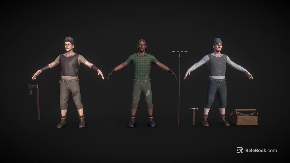 Three Male Worker Characters In Different Outfits With Tools And Wooden Box 3d model 