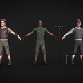 Three Male Worker Characters In Different Outfits With Tools And Wooden Box