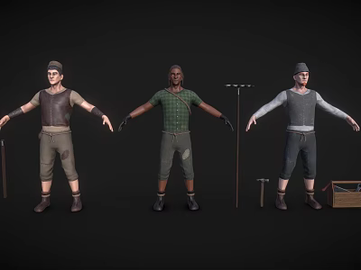 Three Male Worker Characters In Different Outfits With Tools And Wooden Box 3d model
