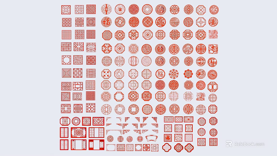 Traditional Chinese Carved Lattice Windows as Decorative Architectural Elements with Diverse Patterns 3d model 