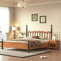 Cozy Wooden Double Bed with Black Metal Headboard Brown Comforter Nightstands Lamps and Wall Art