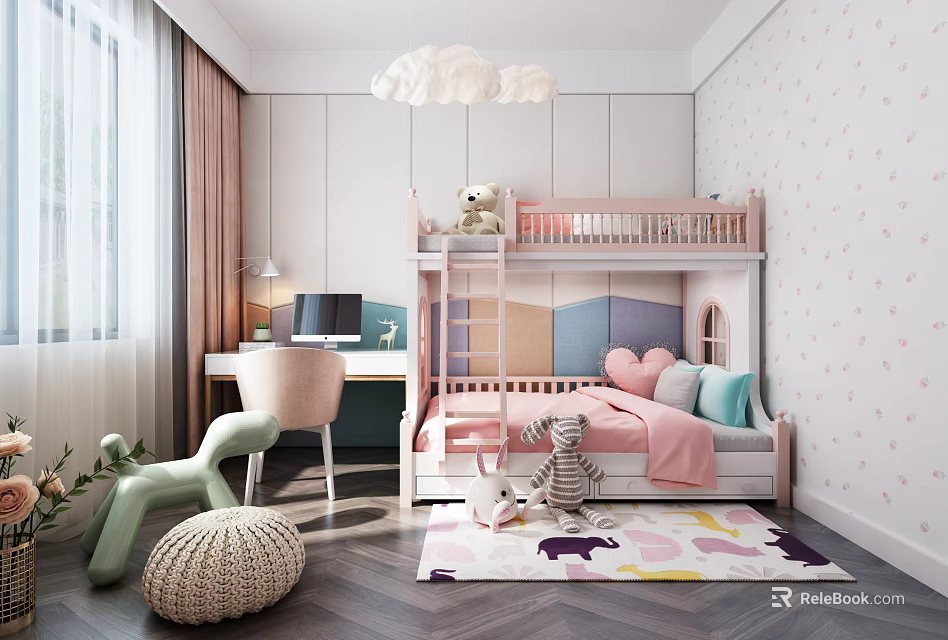 Kids Room Interior Design with Pink Bunk Bed Cloud Light Desk Toys and Colorful Rug 3d model 