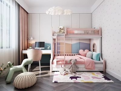 Kids Room Interior Design with Pink Bunk Bed Cloud Light Desk Toys and Colorful Rug 3d model