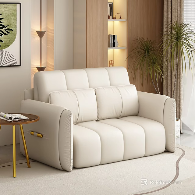 Modern Leather Single Seater Sofa In Living Room With Side Table And Potted Plant 3d model 