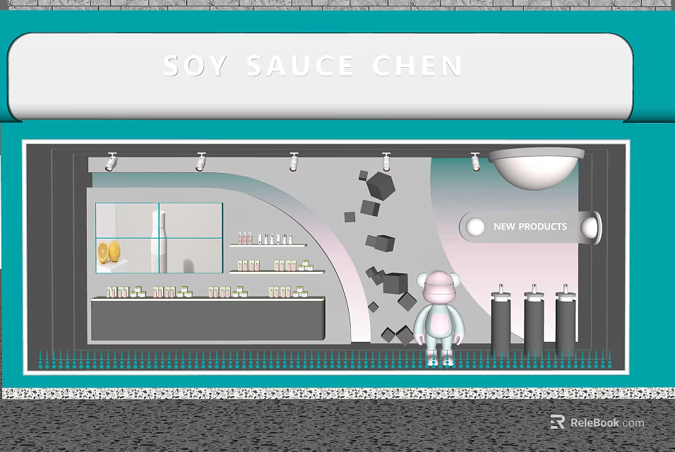 Soy Sauce Chen Window Display with New Products Shelves and Mannequin 3d model 