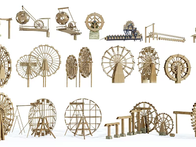 Various Wooden Garden Ornaments Featuring Windmills Trellises And Decorative Wheels 3d model