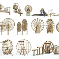 Various Wooden Garden Ornaments Featuring Windmills Trellises And Decorative Wheels