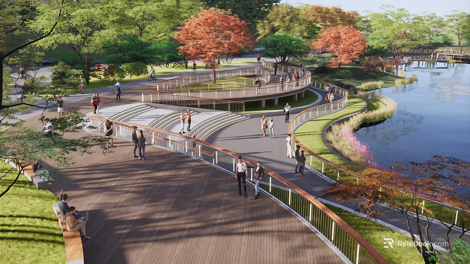 Waterfront Landscape With Wooden Boardwalk Curved Paths People Walking And Lakeside Green Trees 3d model 