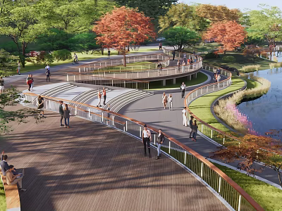 Waterfront Landscape With Wooden Boardwalk Curved Paths People Walking And Lakeside Green Trees 3d model