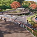 Waterfront Landscape With Wooden Boardwalk Curved Paths People Walking And Lakeside Green Trees